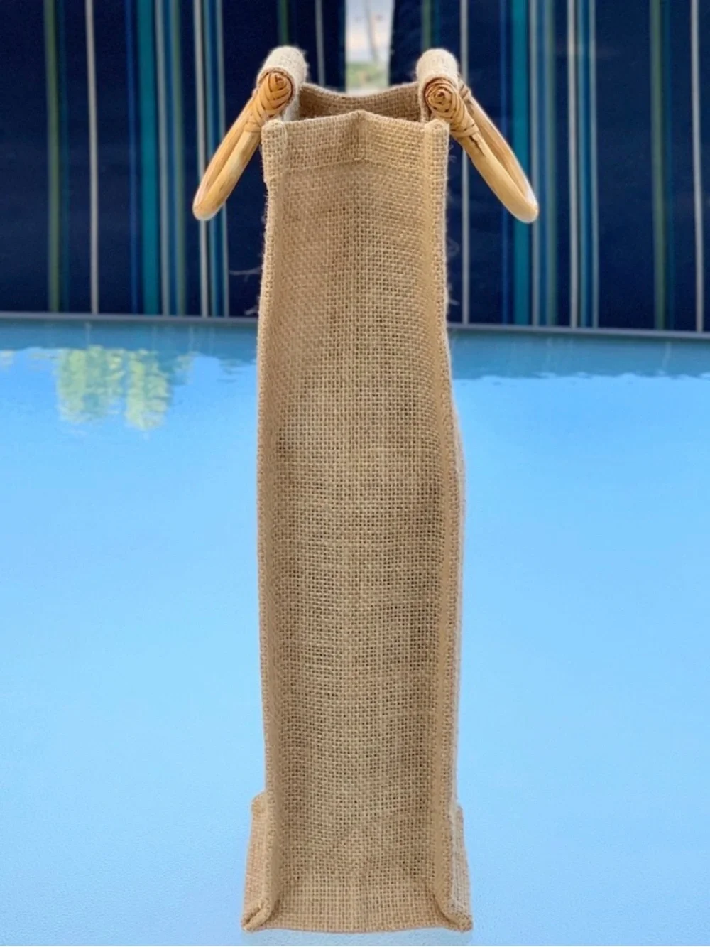 Jute Single Wine Bottle Natural Tan Gift Bag with Bamboo Handles